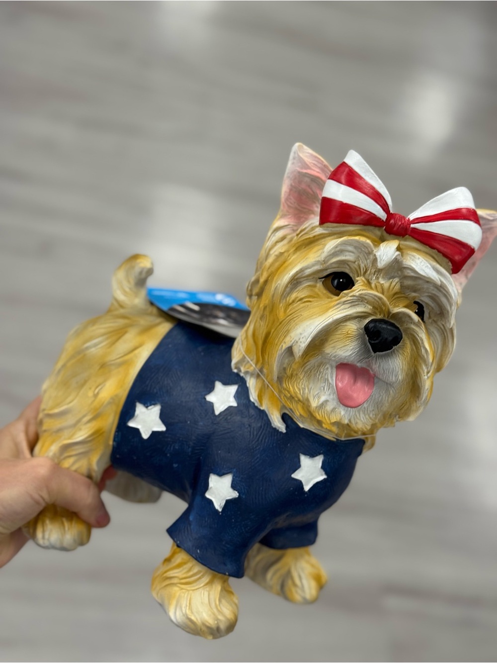 Patriotic Dog Figurine with Red Bow and Navy Star Sweater